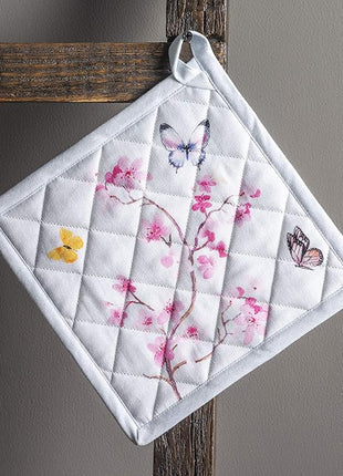 Maison d' Hermine Pot Holders 100% Cotton Heat Resistant Potholders 8" x 8" Hot Pads with Loop BBQ, Cooking, Baking, Grilling, Kitchen, Handling Hot Pans Spring/Summer (Pack of 1, Blossoms in Spring)