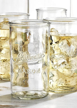 Glaver's Drinking Glasses – Set of 4 Authentic Mason Vintage Glassware – Clear Glass Tumblers for Cocktails, Water, Juice – Embossed Vintage Drinking Glasses (Highball 18 oz 7983)