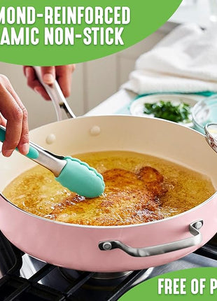 GreenLife Artisan Healthy Ceramic Nonstick, 5QT Saute Pan Jumbo Cooker with Helper Handle and Lid, Stainless Steel Handle, Induction, PFAS-Free, Dishwasher Safe, Oven Safe, Pink