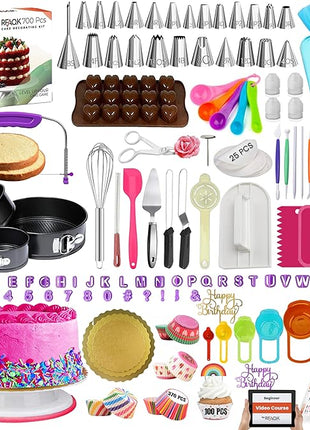 RFAQK 700PCs Cake Decorating Kit with Baking Supplies - Cake Turntable for Decorating with Baking Pans, Leveler, 24 Numbered Piping Tips, 2 Spatulas, Fondant Tools, Video Course, Pattern Chart & More