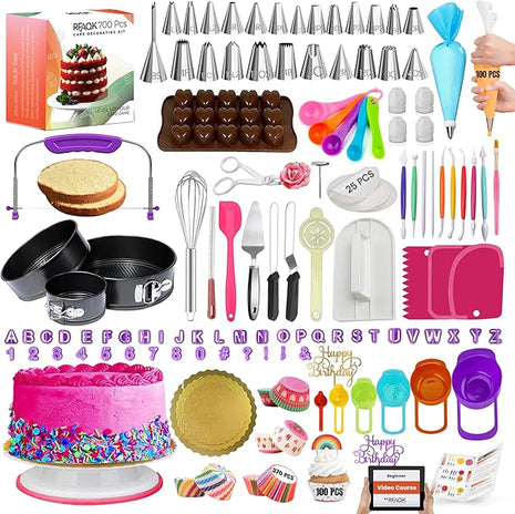 RFAQK 700PCs Cake Decorating Kit with Baking Supplies - Cake Turntable for Decorating with Baking Pans, Leveler, 24 Numbered Piping Tips, 2 Spatulas, Fondant Tools, Video Course, Pattern Chart & More