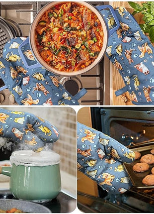 Oven Mitts Gloves 1 Pair Heat Resistant 480 ℉ Non Slip Clear Silicone Printed Cat Comfortable Cotton Lining Kitchen Men Cooking Barbecue Machine Washable (Cat, Blue Mitts)