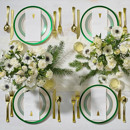 By Madee HEAVYWEIGHT 175 Pc Ivory Plates with GreenTrim | Disposable Dinnerware Set for 25 Guests