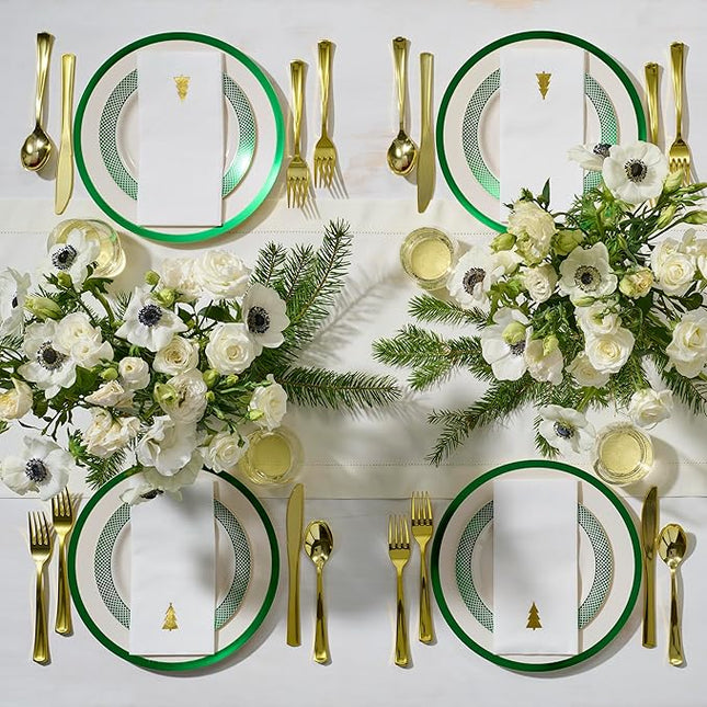 By Madee HEAVYWEIGHT 175 Pc Ivory Plates with GreenTrim | Disposable Dinnerware Set for 25 Guests