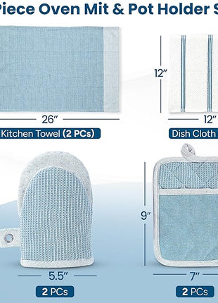 Casa Platino Silicone Oven Mitts Set, 8-Piece – 500°F Heat Resistant Mini Oven Mitt Set, Potholders for Kitchens, 2 Kitchen Towels & 2 Dish Cloths – Durable, Non-Slip & Machine Washable – Cornflower