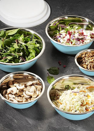 WHYSKO Stainless Steel Mixing Bowl Set, 10 Piece Stainless Steel Mixing Bowls with Lids Set for Food Prep Storage and Serving, Dishwasher Safe for Kitchen Baking Cooking, Light Blue