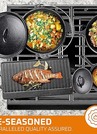 Bruntmor Camping Cooking Set of 7. Pre Seasoned Cast Iron Pots and Pans Dutch Oven with Lids for Outdoor Comefire. Grill Cookware Skillet Sets with Storage Box