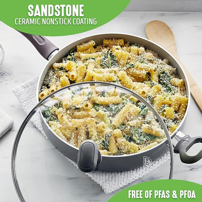 GreenLife Sandstone Healthy Ceramic Nonstick 5 Quart Saute Pan, PFAS-Free, Dishwasher Safe, Gray
