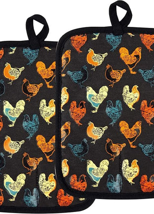 Pot Holders Set of 2 Heat Resistant 480 ℉Non Slip Clear Silicone Printed Comfortable Cotton Lining Kitchen Women Men Cooking Baking Microwave Machine Washable (Rooster, Black Potholders)