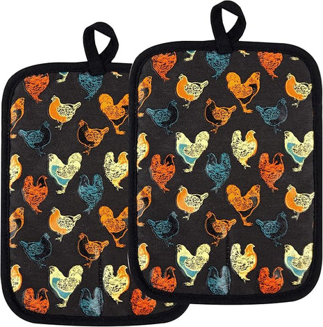 Pot Holders Set of 2 Heat Resistant 480 ℉Non Slip Clear Silicone Printed Comfortable Cotton Lining Kitchen Women Men Cooking Baking Microwave Machine Washable (Rooster, Black Potholders)