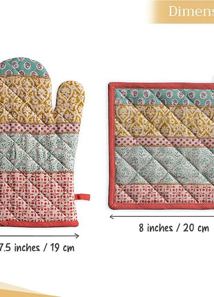 Maison d' Hermine 100% Cotton Oven Mitt & Pot Holder Set (7.5"x13" & 8"x8") Heat Resistant BBQ Cooking Gloves with Loop, Baking, Grilling, Kitchen, Handling Hot Pans Spring/Summer (Provence)