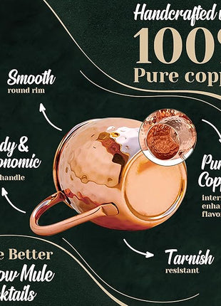 Moscow Mule Copper Mugs Set of 6 (16oz) | Food Grade 100% Pure Copper Cups | Handcrafted w/Lacquered Hammered Finish, Smooth Rounded Lip, Ergonomic Handle (No Rivet) w/Solid Grip