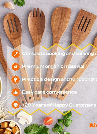 Riveira Teak Wooden Cooking Utensils Set of 6 Premium Quality Non-Toxic Wooden Spoons & Spatula for Cooking, Stirring & Serving