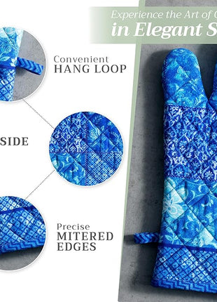 Maison d' Hermine 100% Cotton Oven Mitt & Pot Holder Set (7.5"x13" & 8"x8") Heat Resistant BBQ Cooking Gloves with Loop, Baking, Grilling, Kitchen, Handling Hot Pans Spring/Summer (Indigo Love)
