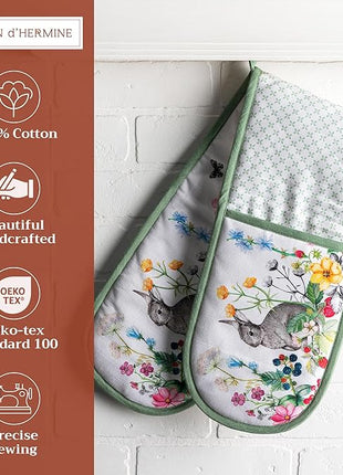 Maison d' Hermine Double Oven Mitts 100% Cotton 7"x35" Double Oven Mitt Heat Resistant BBQ Cooking Gloves with Loop, Baking, Grilling, Home, Kitchen, Handling Hot Pans Spring Summer (Printemps)