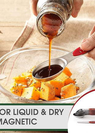 Spring Chef Red Stainless Steel Magnetic Measuring Spoons Set of 8 with Leveler, Dual Sided Nesting Teaspoon & Tablespoon Measuring Spoons, Kitchen Gadgets for Baking & Cooking, Fits in Spice Jars