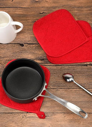 100% Cotton Kitchen Everyday Basic Terry Pot Holder Heat Resistant Coaster Potholder for Cooking and Baking Set of 5 Red
