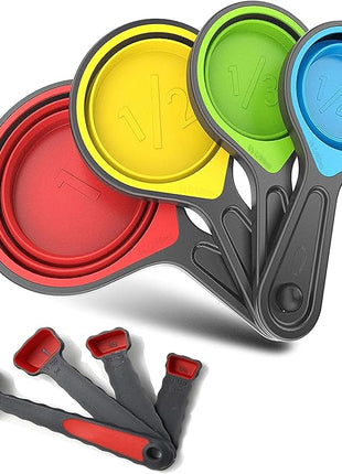 Collapsible Silicone Soft Measuring Cups and Measuring Spoons,8 pieces Portable Food Grade Silicone Measurement Cup for Liquid & Dry Measuring Baking &Utensils & Travel Measuring Cup，space saver