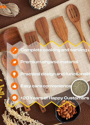 Riveira Teak Wooden Cooking Utensils Set of 9 Premium Quality Non-Toxic Wooden Spoons & Spatulas for Cooking, Stirring, Flipping & Serving