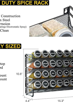 SpaceAid Spice Rack Organizer with 32 Spice Jars, 386 Spice Labels, Chalk Marker and Funnel Set for Cabinet, Countertop, Pantry, Cupboard or Door & Wall Mount - 32 Jars, 15.3" W × 10.8" H, Black