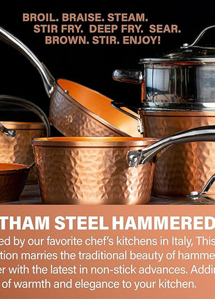 Gotham Steel Hammered Copper 14 Inch Non Stick Frying Pan with Lid, Nonstick Frying Pan with Ceramic Coating and Induction Plate for Even Heating, Oven / Dishwasher Safe, 100% Healthy & Non Toxic