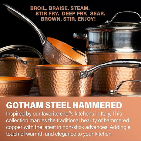 Gotham Steel Hammered Copper 14 Inch Non Stick Frying Pan with Lid, Nonstick Frying Pan with Ceramic Coating and Induction Plate for Even Heating, Oven / Dishwasher Safe, 100% Healthy & Non Toxic