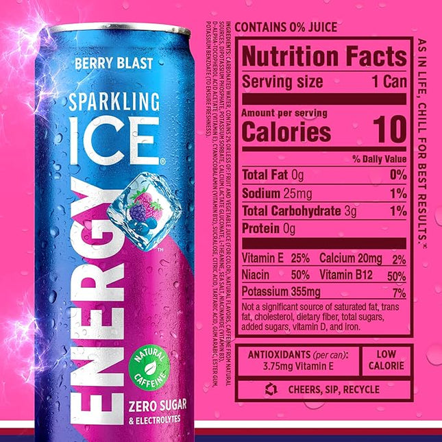 Sparkling Ice Energy Variety 12Pk. Energy Drinks with Vitamins + Antioxidants, Zero Sugar, Berry Blast, Maximum Mango, Power Punch flavors. 12 fl oz cans.