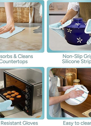 Casa Platino Oven Mitts and Pot Holders Sets, 8-Piece – 500°F Heat Resistant Mini Oven Mitts with Silicone Grip, Potholders for Kitchens, 2 Kitchen Towels & 2 Dish Cloths – Non-Slip & Durable – Aqua