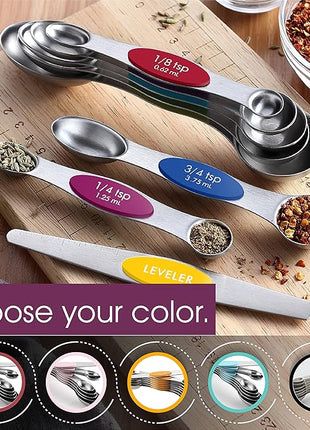 Spring Chef Multicolor Stainless Steel Magnetic Measuring Spoons Set of 8 with Leveler, Nesting Metal Teaspoon & Tablespoon Measuring Spoons, Kitchen Gadgets for Baking & Cooking - 2 Pack