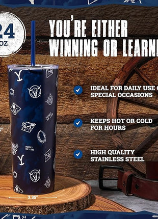 Dragon Glassware x Yellowstone Vacuum Insulated Tumbler with Lid and Straw - 24 oz Tumbler Cup with 2 Straws - Stainless Steel Tumbler with Straw for Water, Iced Tea - Blue