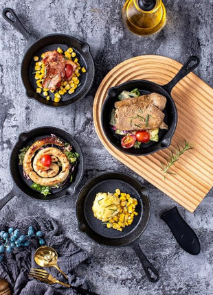 Bruntmor Cast Iron Frying Pan Set of 4-6x4 Inch Black Pre-Seasoned Skillets with Heat-Resistant Silicone - Mini Cast Iron Skillet Set for Stovetop, Oven, and Grill