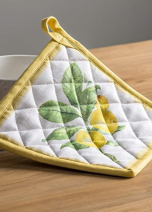 Maison d' Hermine 100% Cotton Oven Mitt & Pot Holder Set (7.5"x13" & 8"x8") Heat Resistant BBQ Cooking Gloves with Loop, Baking, Grilling, Kitchen, Handling Hot Pans Spring/Summer (Limoncello)