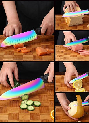 Marco Almond Kitchen Knife Set, KYA36 12-Piece Rainbow Color Stainless Steel Chef Boxed Knives Set for Kitchen with Covers, 6 Knives with 6 Blade Guards, Black