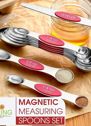 Spring Chef Magnetic Measuring Spoons Set, Dual Sided, Stainless Steel, Fits in Spice Jars, Pink, Set of 8, 2 Pack