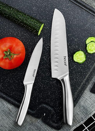 hecef Silver Kitchen knife set of 5, Satin Finish Blade with Hollow Handle, includes 8" Chef, 8" Bread, 8" Santoku, 5" Utility and 3.5" paring knife