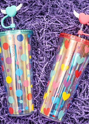 bzyoo 24 oz SIP Tumbler with Heart-Shaped w/Wing Straw Cap Cover– Cute DotDot Design Iridescent Tumbler, BPA-Free Cup with Lid and Straw, Perfect for Iced Coffee, Tea, Party and Gift