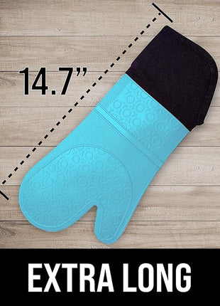 BPA-Free Soft Silicone Oven Mitts - Ultra Heat Resistant Oven Mitts with Thick Cotton Liner - Extra Long Slip Resistant Pot Holders, Flexible Oven Gloves - Aqua/Black 14.7"