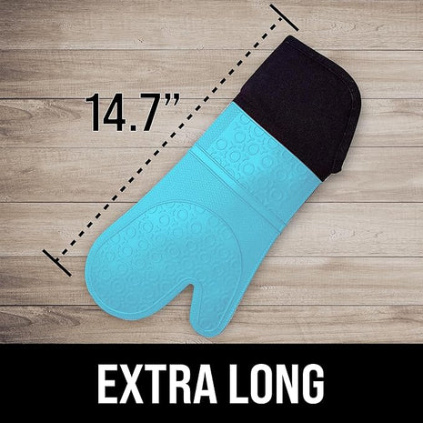 BPA-Free Soft Silicone Oven Mitts - Ultra Heat Resistant Oven Mitts with Thick Cotton Liner - Extra Long Slip Resistant Pot Holders, Flexible Oven Gloves - Aqua/Black 14.7"