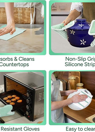 Casa Platino Potholders & Oven Mitts Heat Resistant, 8-Piece Mini Oven Mitts with Silicone Grip, Potholders for Kitchens, 2 Kitchen Towels & 2 Dish Cloths – Durable & Non-Slip – Sage