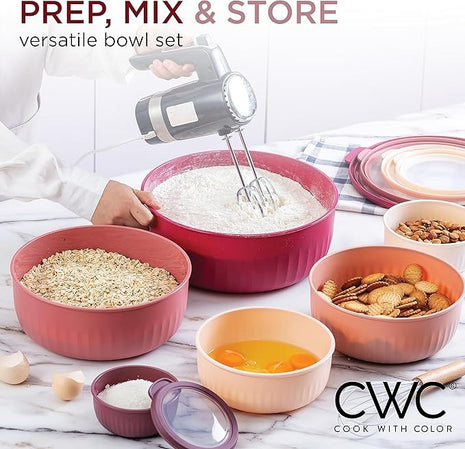 COOK WITH COLOR Prep Bowls with Lids- Wide and Deep Nesting Plastic Small Mixing Bowl Set with Lids, 12 Piece Set - Wide Bowls, Rose