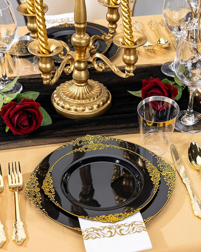 Nervure 350PCS Black Plastic Plates - Black Plastic Dinnerware Sets for 50 Guests - 100 Disposable Plates, 150 Gold Silverware, 50 Cups, 50 Napkins for Wedding & Party & New Year