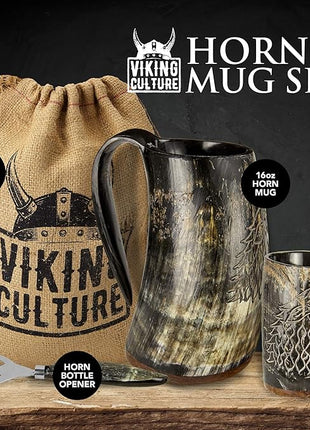 Viking Culture Ox Horn Mug, Shot Glass, and Bottle Opener (3 Pc. Set) Authentic 16-oz. Ale, Mead, and Beer Tankard | Vintage Stein with Handle | Custom Intricate Design - Natural Finish | Thors Hammer