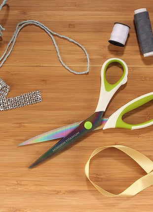 BambooMN Titanium Softgrip Scissors Set for Sewing, Arts, Crafts, Office - 3 Sets of 3 - White w/Green Inlays