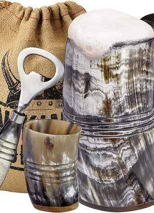 Viking Culture Ox Horn Mug, Shot Glass, and Bottle Opener (3 Pc. Set) Authentic 16-oz. Ale, Mead, and Beer Tankard | Vintage Stein with Handle | Custom Intricate Design - Polished Finish | The Ring