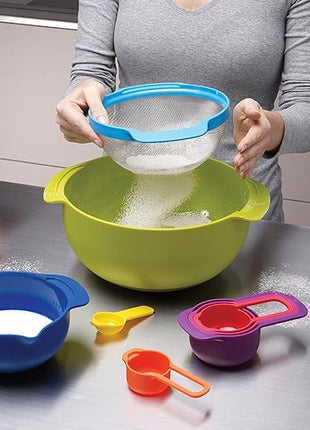 Joseph Joseph Nest 9 Plus, 9 Piece Compact Food Preparation Set with Mixing Bowls, Measuring cups, Sieve and Colander, MultiColor