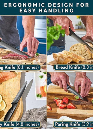 Home Hero Kitchen Knife Set - Wooden Knife Block Organizer - High Carbon Stainless Steel Blades - Ergonomic Handles with Built-In Sharpener & Kitchen Scissors - 16-Pc, Black