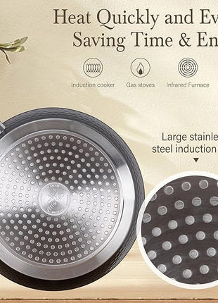 Kitchen Academy Induction Pots and Pans Set Non Stick - 12 Pcs Nonstick Kitchen Cookware Set, Black Hammered Cooking Pans Set