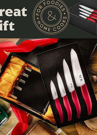 Vos Ceramic Knife Set, Ceramic Knives Set For Kitchen, Ultra Sharp Kitchen Knife Set with Covers, 3" 4" 5" 6" Paring, Santoku, Chef Knife & Utility, Lightweight, Dishwasher safe (Red with Block)