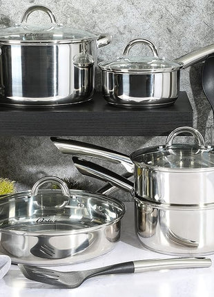 Oster Sangerfield 12-Piece Stainless Steel Cookware Set With Kitchen Tools, Non-Stick Pots and Pans, Durable Oven Safe Cookware for Home Cooking