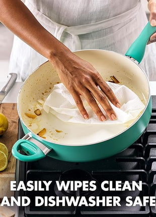 GreenPan Rio Healthy Ceramic Nonstick 5QT Saute Pan Jumbo Cooker with Helper Handle and Lid, PFAS-Free, Dishwasher Safe, Turquoise